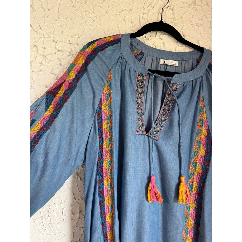 Zara TRF Embroidered Boho Tunic Top Blue Chambray Peasant Tassel Medium M Folk - Picture 2 of 8